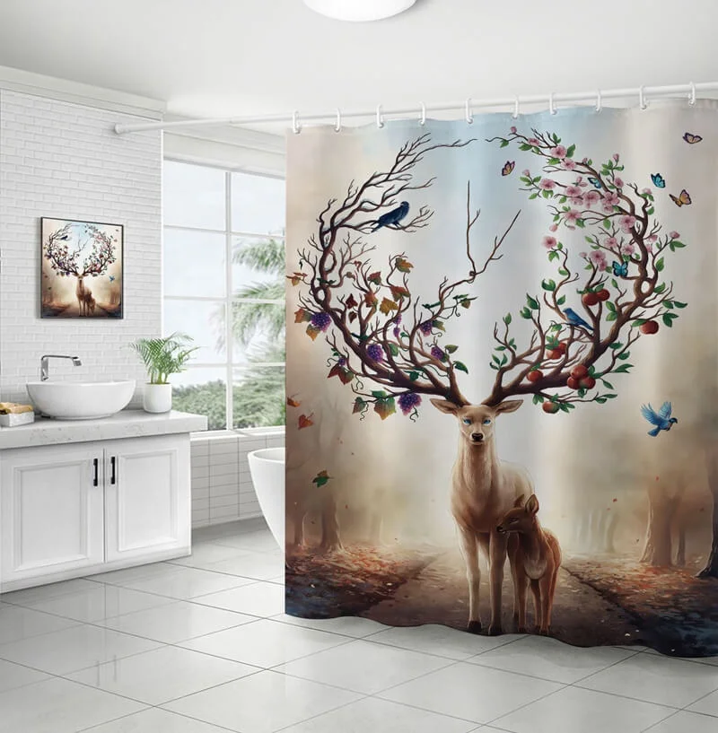 

i@home cartoon elk print 72 x 72 Inch 4 pcs 3D digital print shower curtain and rug set waterproof, Picture