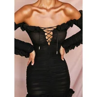 

Sexy black ruffled dresses women party bodycon ladies night club dress mini