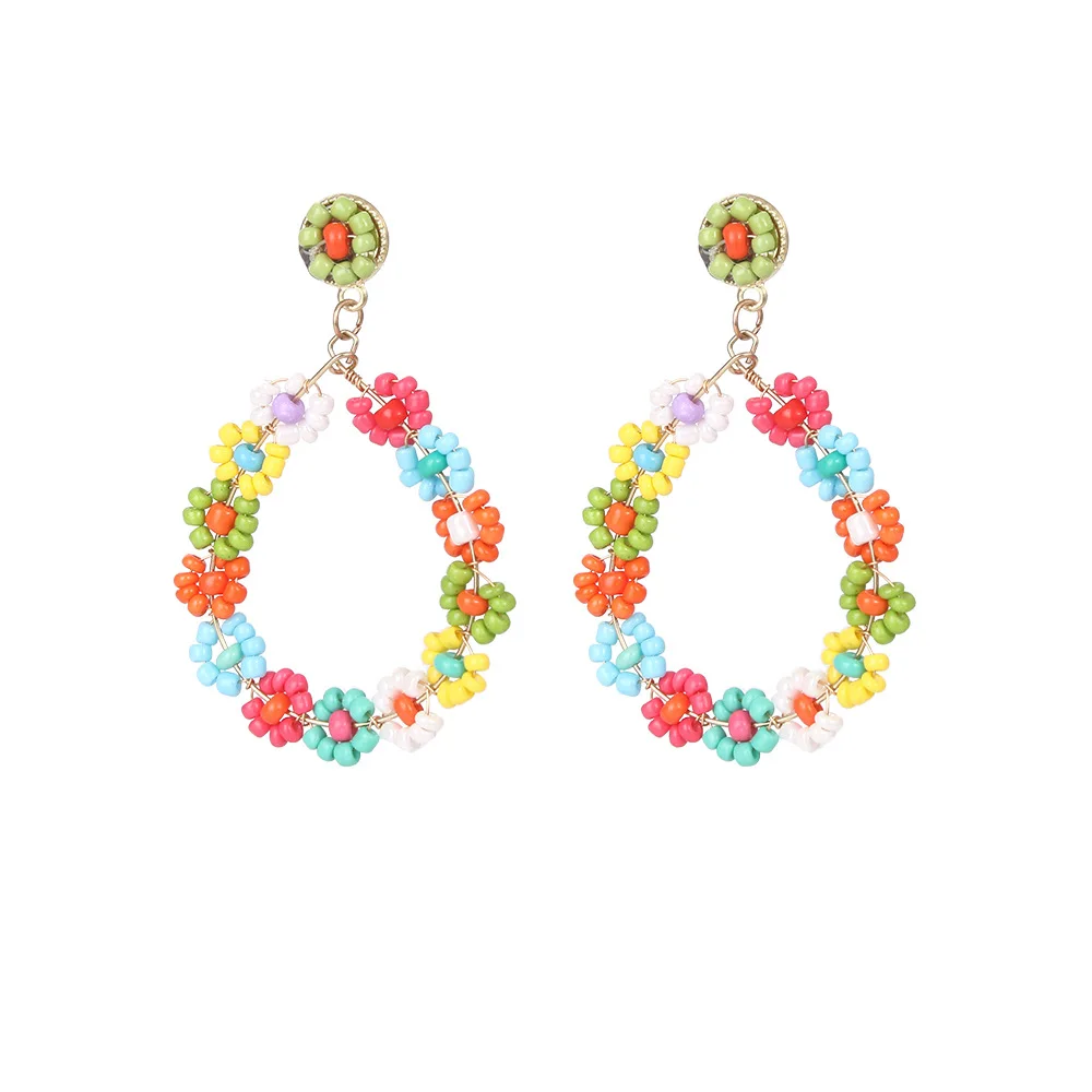

2021 Girls Bohemian Flower Shape Beaded Earrings Handmade Vintage Crystal Temperament Gold-plated Geometric Baroque Earrings, Colorful
