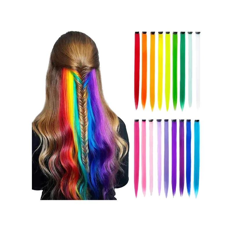 

20 Inches Party Highlights Hair Accessories Straight Clip Hair Extensions 1 Clip In Colorful Synthetic Clip Hair Extensions, Multi color