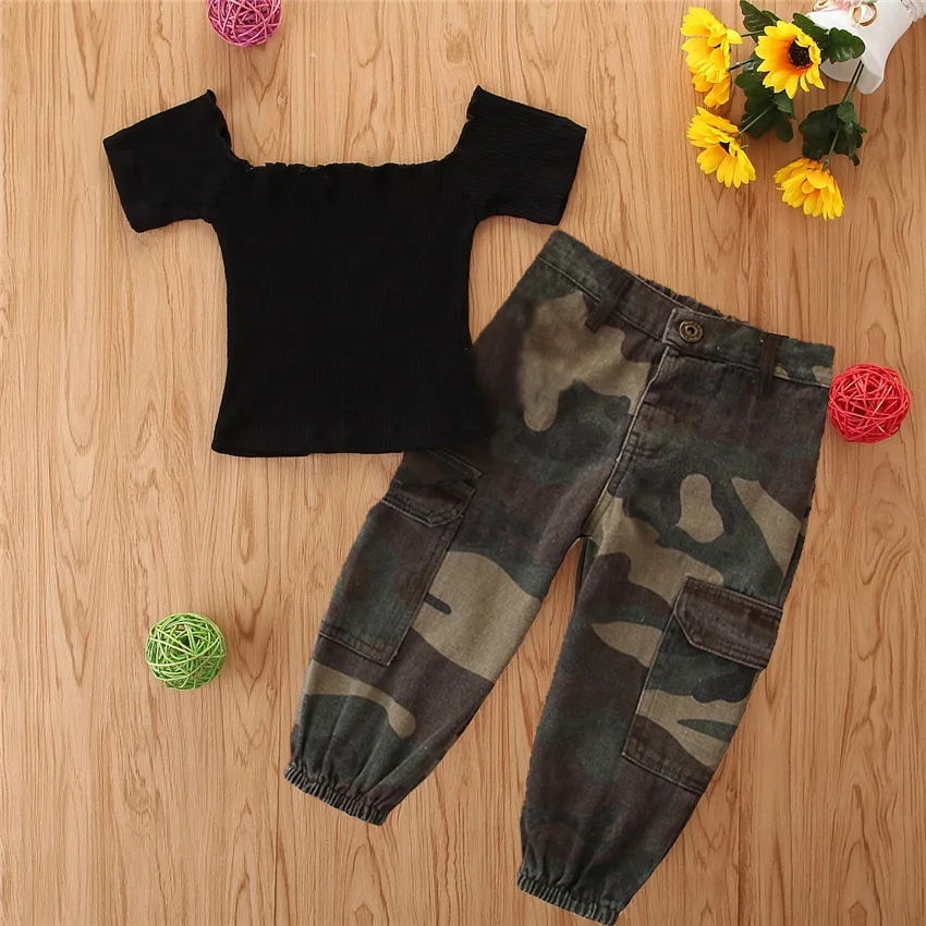 

Fashion Children Clothes Girl Off-Shoulder Rouched Tops Camouflage Cargo Pants Set Cool Kids 2 Piece Outfits, Photo showed and customized color