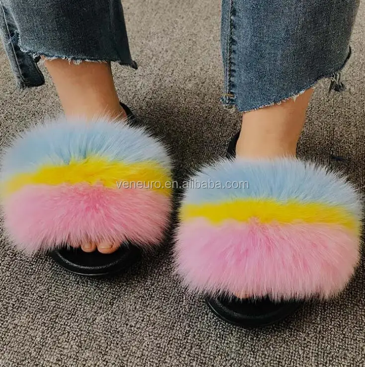 

New design PVC soles multi colors luxury rainbow colors real fox fur slides mommy and children, Customized color
