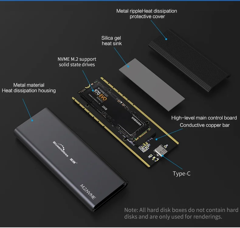Aluminum M.2 Nvme Ssd Enclosure For Storage Hard Disk With M Key Gen 2