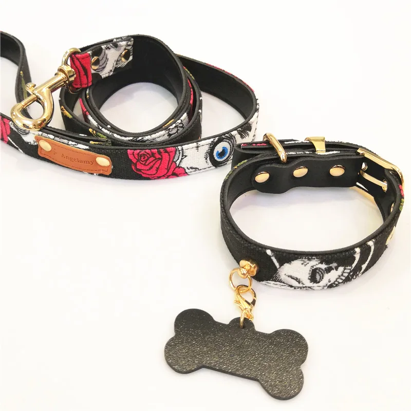 

Wholesale Leather Dog Collar Halloween New Design Skull Pattern Puppy Collar And Leashes Set, Customized color