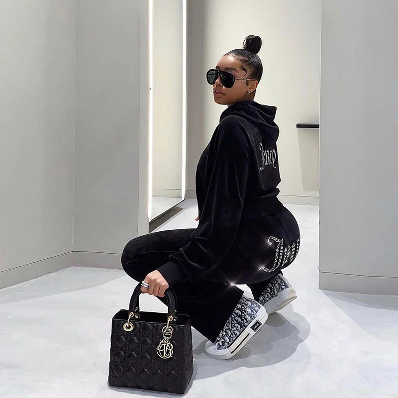 

Autumn Velvet Letter Rhinestone Sports Women Two Piece Set Hoodies Zip Sweatshirt High Waist Pants Lady Casual Streetwear C13899