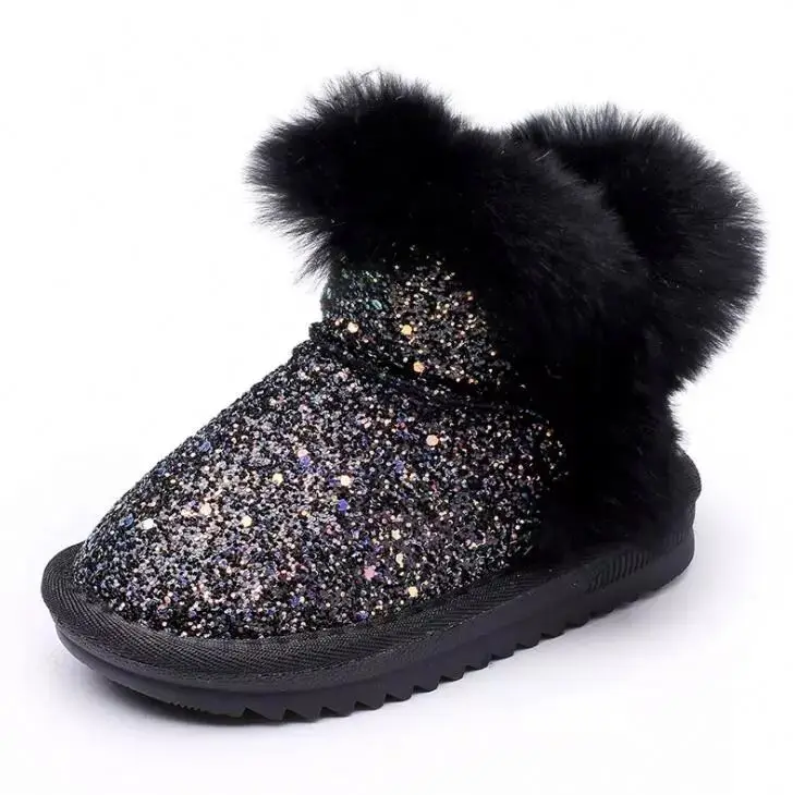 

Children's snow boots girls rabbit fur martin boots cotton sport shoes sequins genuine leather princess boots, Custom color