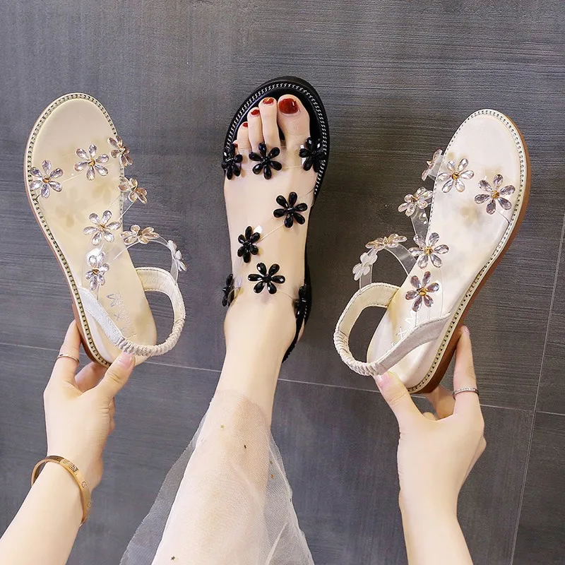 

wholesale womens slipper Fashionable outside wear beach slipper Fashion rhinestone floral sandals