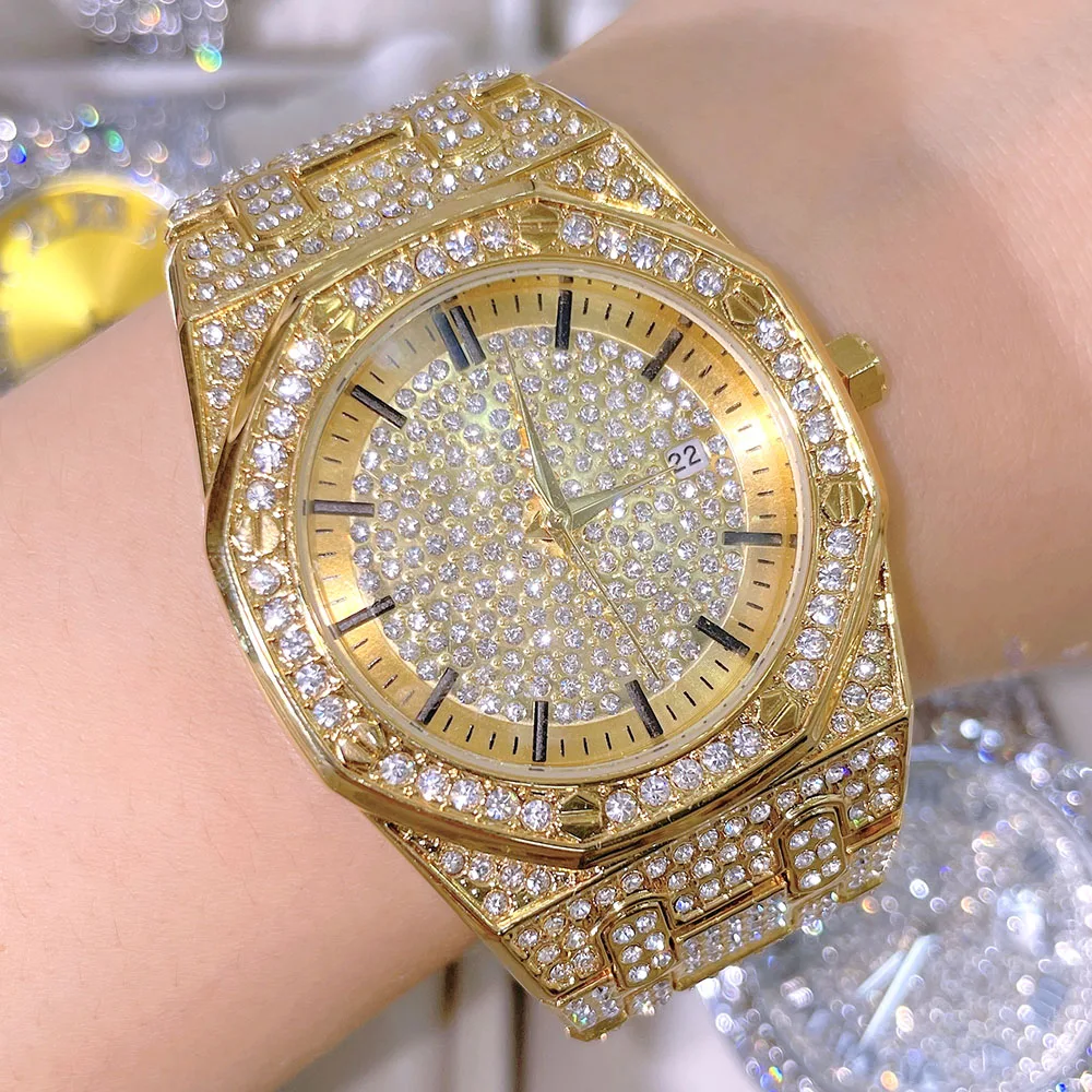 

iced out crystal quartz stainless steel gold plated watches