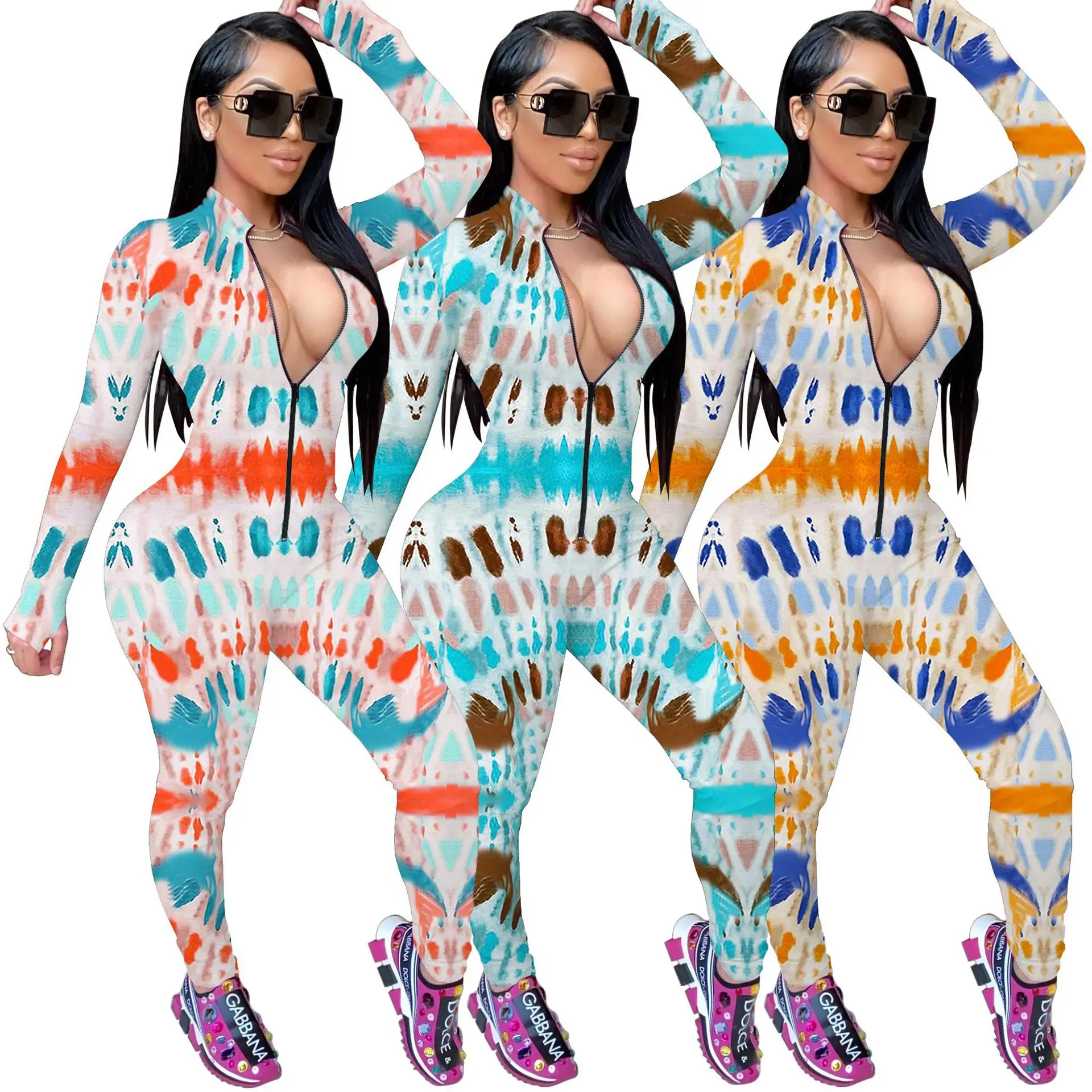

B53794A Hot style women fashion long sleeve printed zippers jumpsuit, Shown