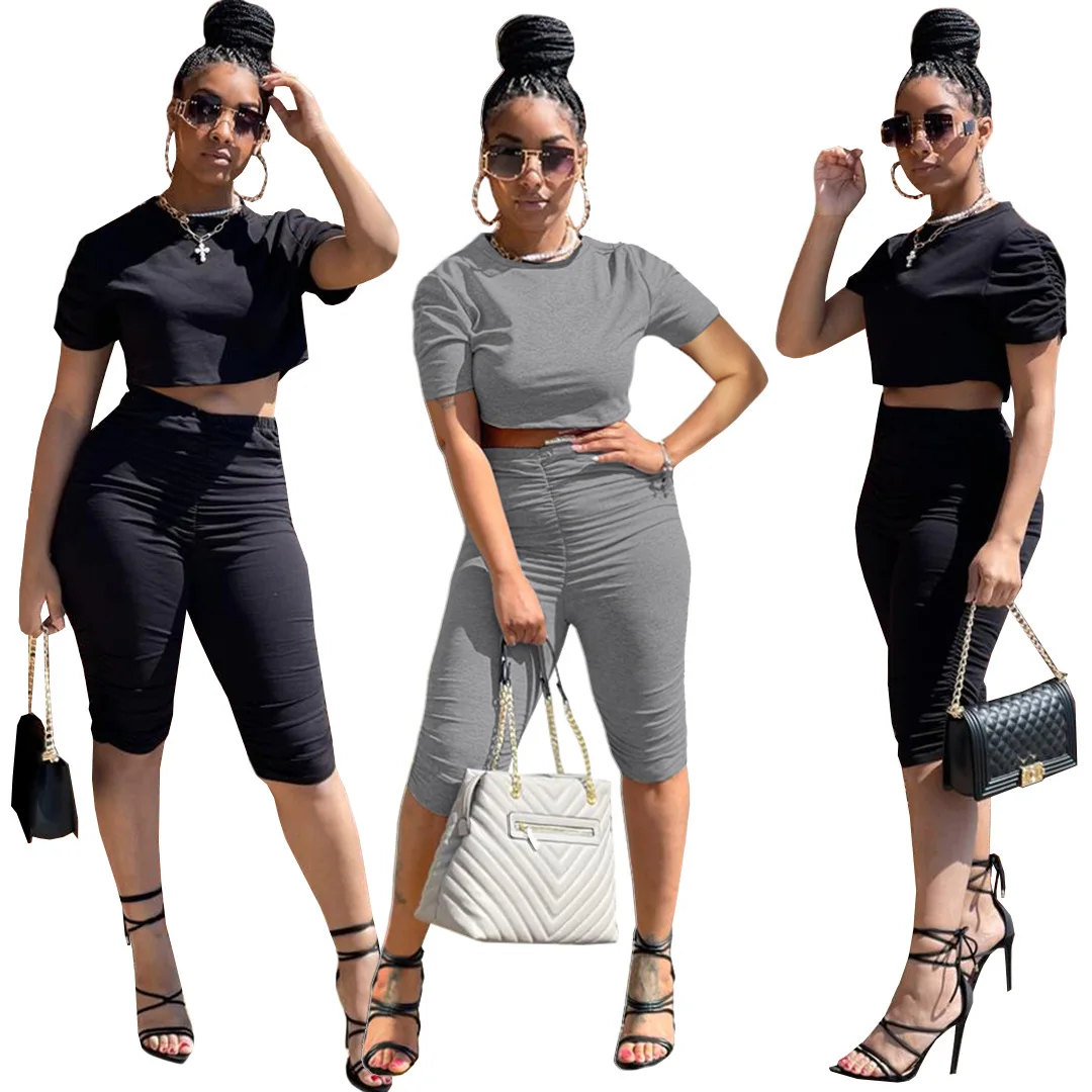 

DUODUOCOLOR Fashion casual round neck short sleeve wrinkle summer clothing sets solid color woman two pieces tracksuit D10406