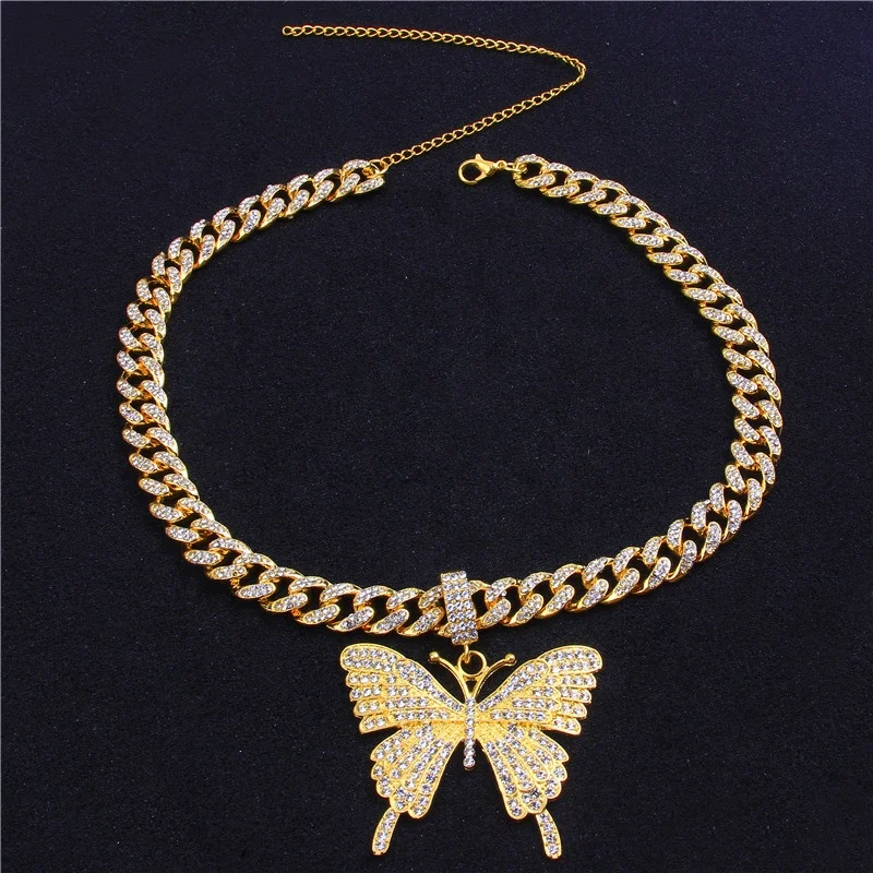 

2021Bling Big Butterfly Pendant Necklace Crystal Rhinestone Silver Chain Cuban Butterfly Necklace Necklace