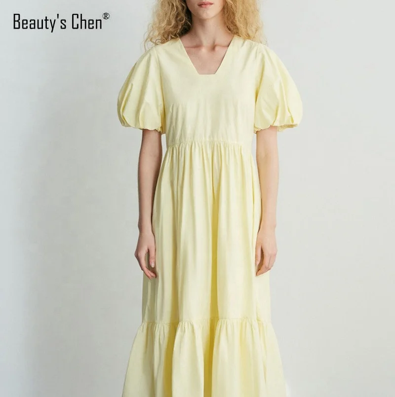 

B15160A Solid V-neck Puff Sleeve Dresses Women Ladies Summer A-line 2021 Dress, Customized