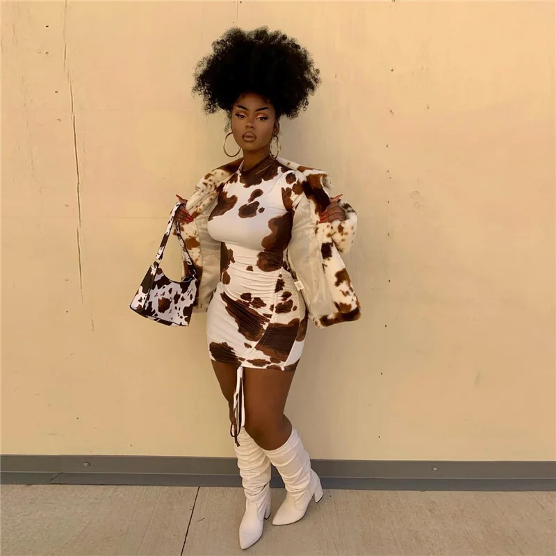 

2021 Hot Selling Cow Animal Print Short Sleeve Drawstring Bodycon Women Mini Dresses, 1colors