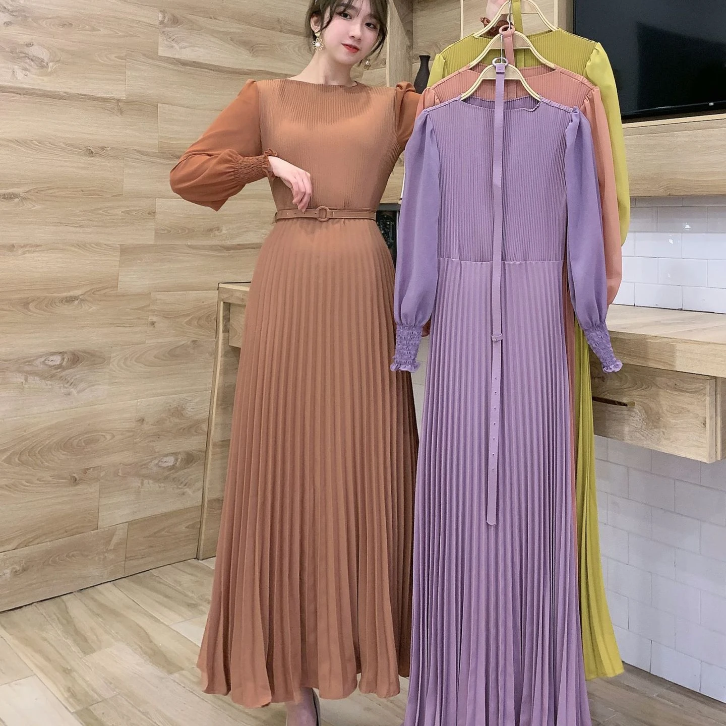 

O neck wave point chiffon dress autumn new collection waist show thin temperament over ankle big put long skirt