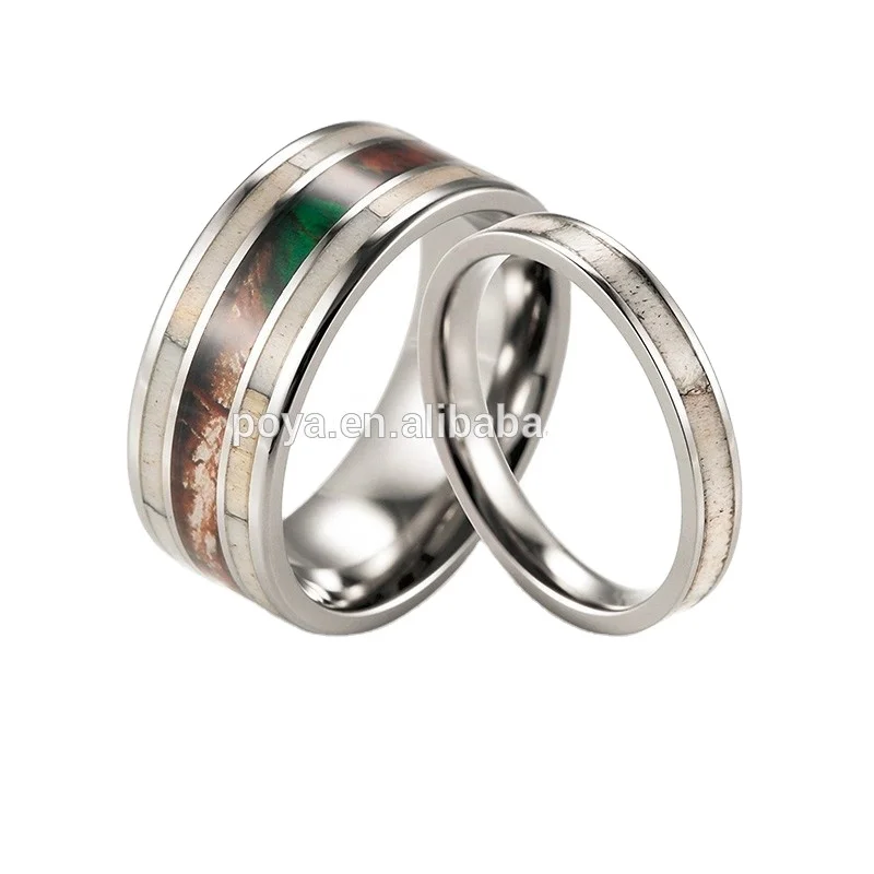 

POYA Jewelry Titanium Camo and Real Deer Antler Inlay Wedding Band Ring Set For Men And Women