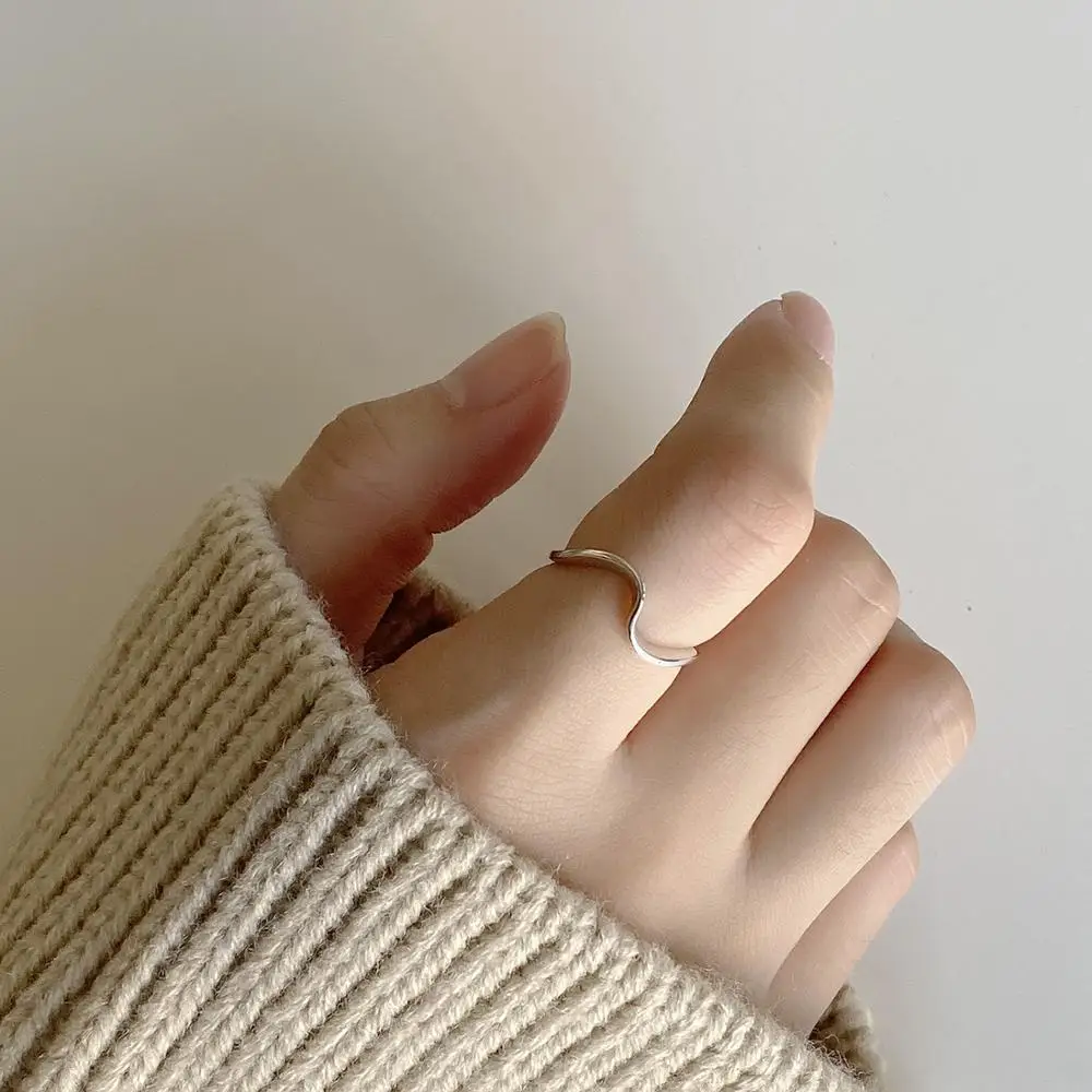 

Simple Silver Wave Open Ring 925 Sterling Silver Dainty Wave Adjustable Ring