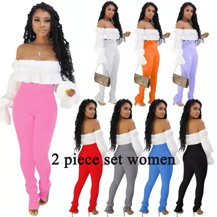 

2022 new arrivals high waist solid slit legging women sweater pants 2 piece set for women clothing