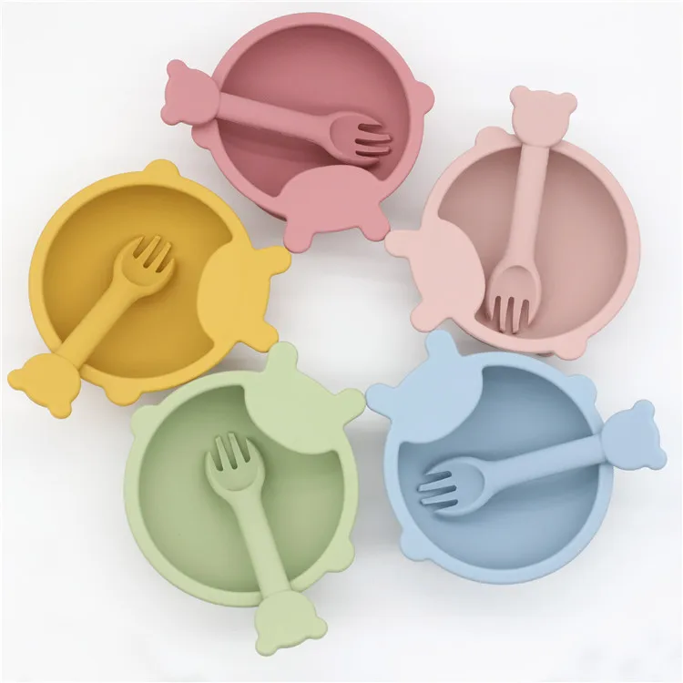 

2021 New Cute Food Grade BPA Free Silicone Suction Baby Bowl And Spoon Set