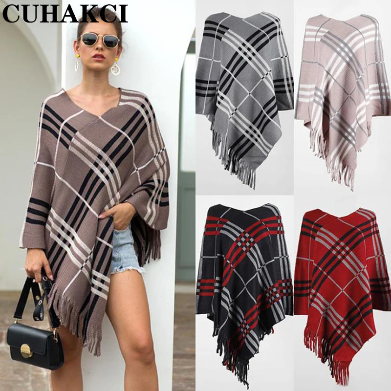 

CUHAKCI Ladies Sweaters Winter Clothes Women Fringe Cape Diagonal Stripe Pullover V-neck Women's Striped Shirt Long Sweater