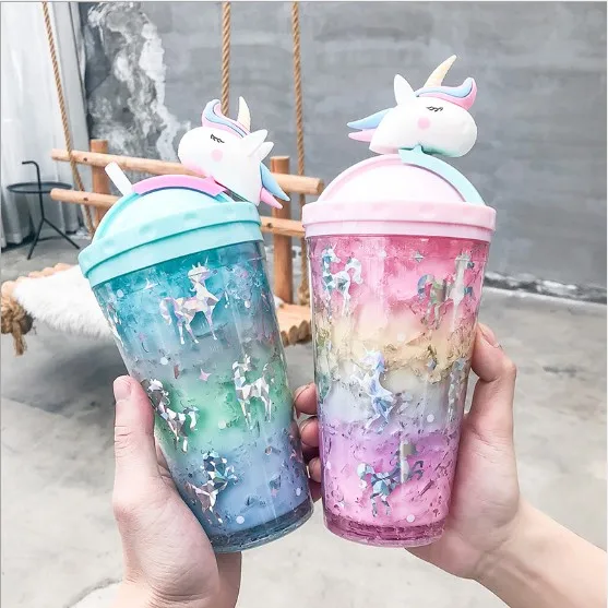 

Newest 2021 Unicorn Water Bottle Student Cute Ice Cup Plastic Water Bottle Ice Cup Straw Type with Lid Summer, As is or customized