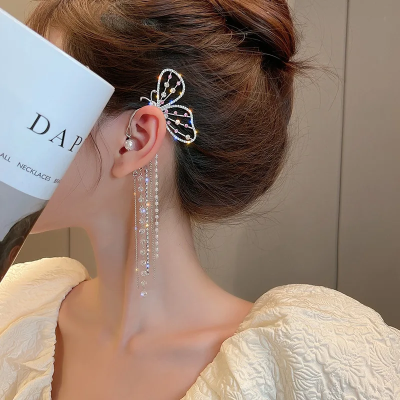 

Fashion 925 Needle Zircon Earrings Jewelry No Piercing Gold Plated Star Moon Sun Butterfly Tassel Statement Ear Cuff Earring, As picture
