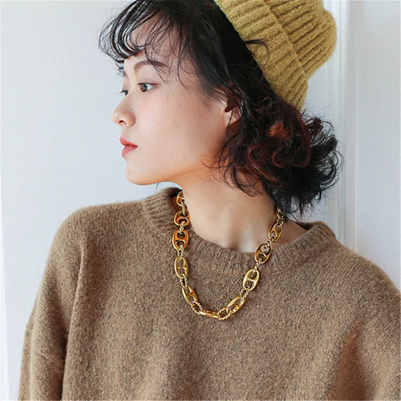 

fashion rock golden pig rose chain necklace bracelet female European American nickel hipster sweater simple chain necklace, Picture