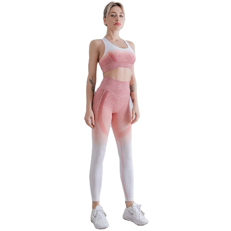

Sexy tight sports running fitness nylon quick-drying vest trousers gradient yoga suit custom sweatsuits