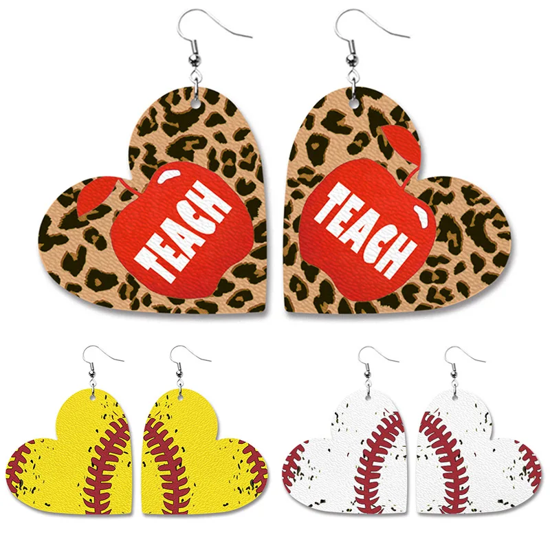 

Pu Leather Leopard Print Baseball Football Heart Shape Statement Earrings Teacher's Day Gift