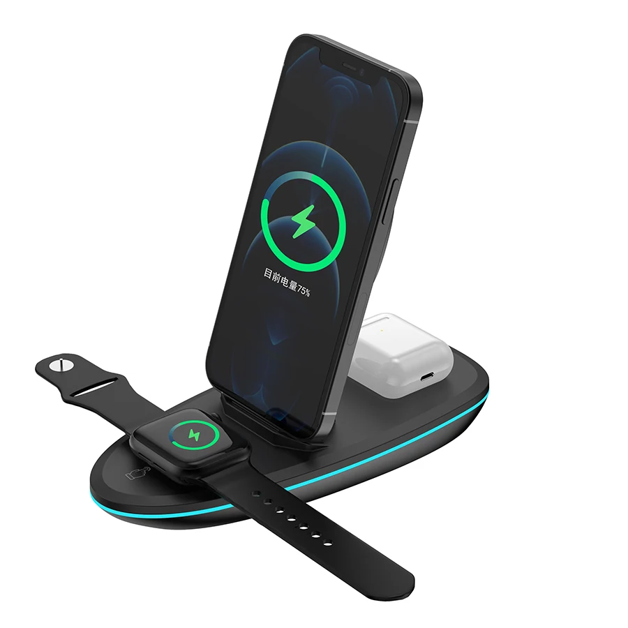 

15W Fast Charging 3 in 1 Magnetic Wireless Charger LED Lamp Desktop Stand 3 in1 Wireless Quick Charging Charger For iPhone 12