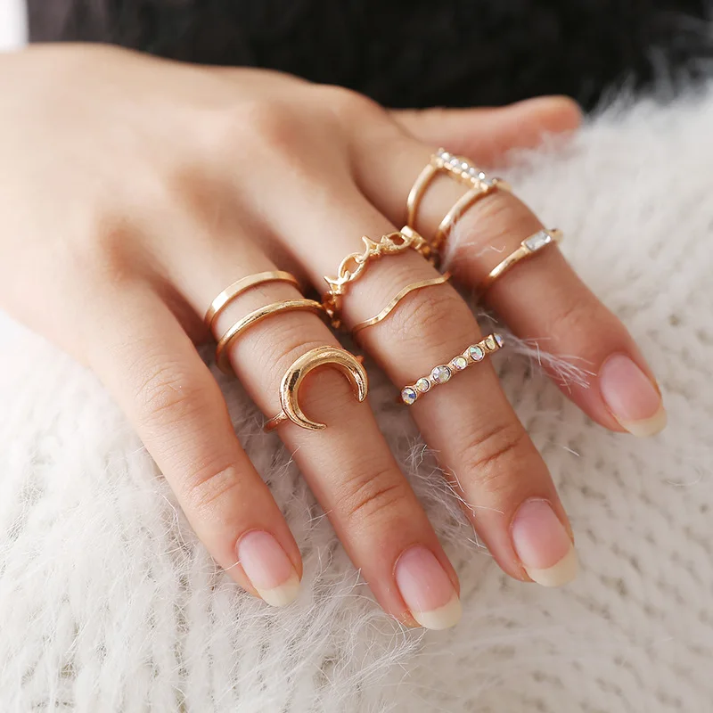 

8/11pcs/set trendy gold plated rhinestone star moon rings set for women