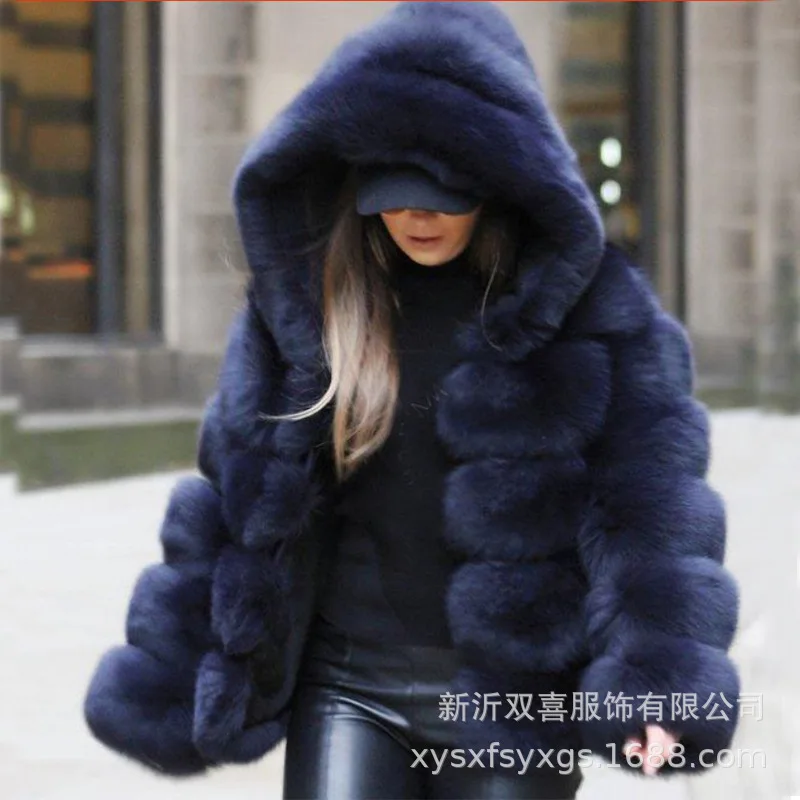 

Factory wholesale autumn and winter new style fox fur hooded mid-length fur coat women faux fur jackets women