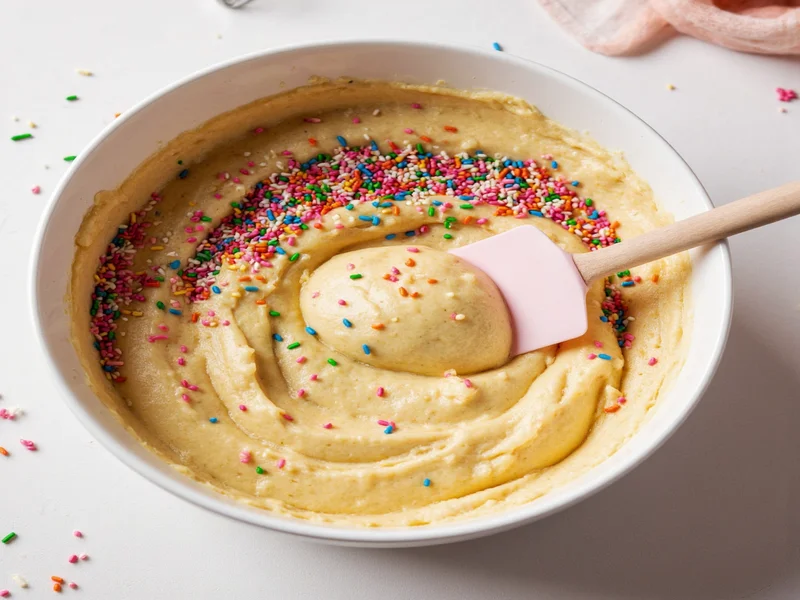 Folding rainbow sprinkles into cake batter with spatula