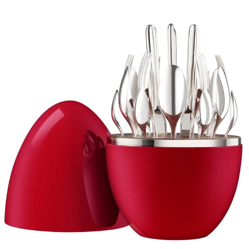 

Wholesale Luxury Reusable Stainless Steel Silver Dinnerware Knife Spoon Fork Egg Shape Case Wooden Holder Cutlery