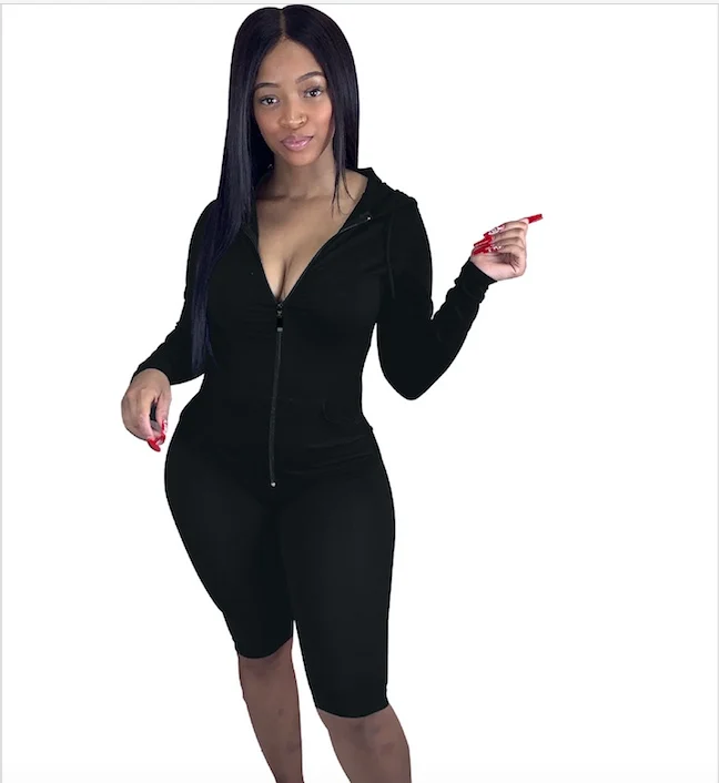 

2021 New Arrivals Women Zipper Hooded Drawstring Long Sleeve Jacket Short Pants 2 Pieces Set Solid Romper Outfits Tracksuit, Picture show