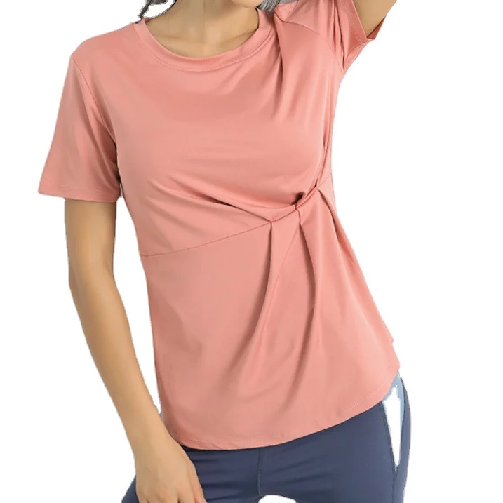 

Oem Japanese Hot Ins Solid Color Clothes T-Shirt Women's Sports Twist Tight Gym Wear Running Quick Dry Short Sleeve Top T-Shirt, As shown