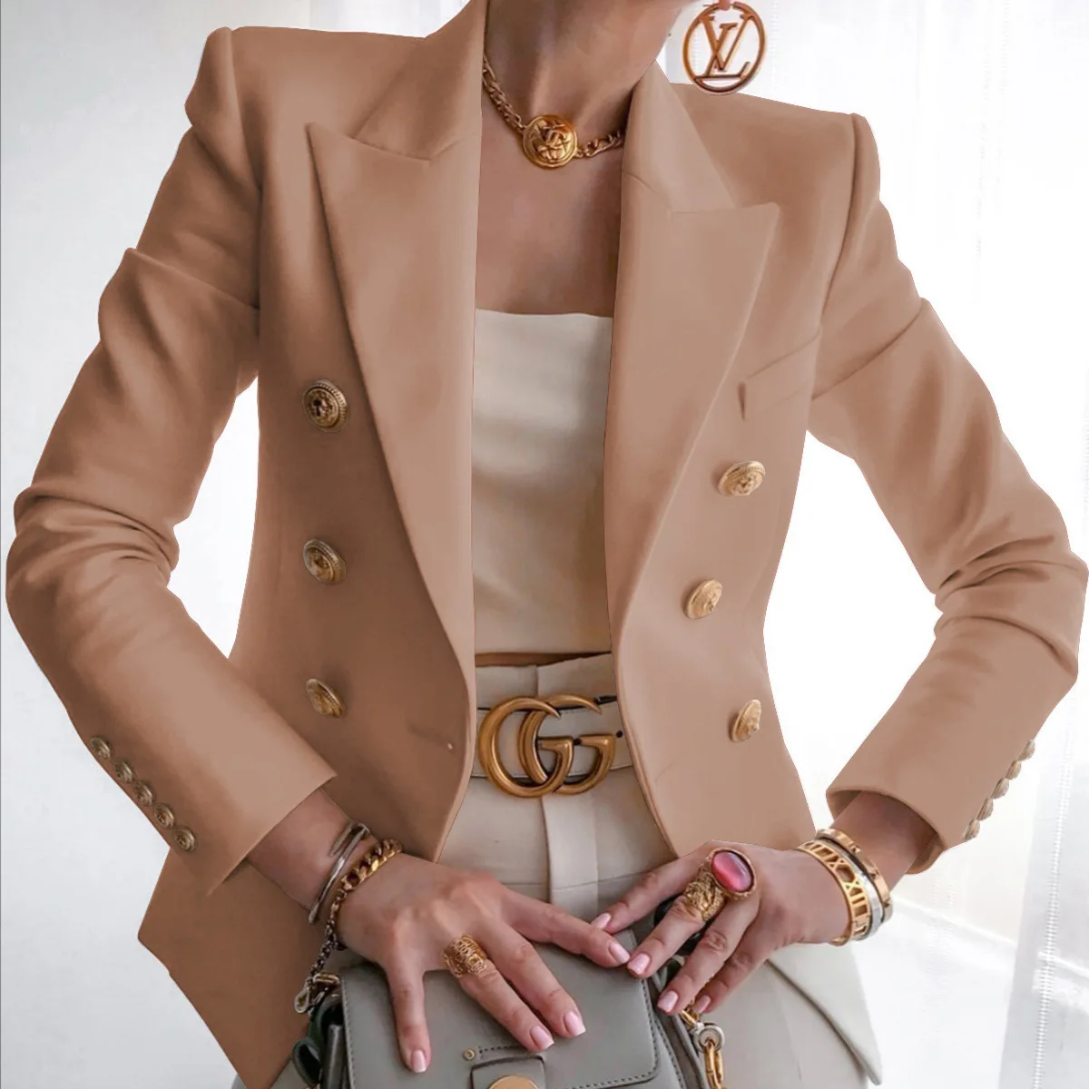 

Blazer Jacket Women's Double Breasted chic Buttons Blazer Slim Fitting Gorgeous Coat Office Ladies Outfit elegant streetwear, Shown