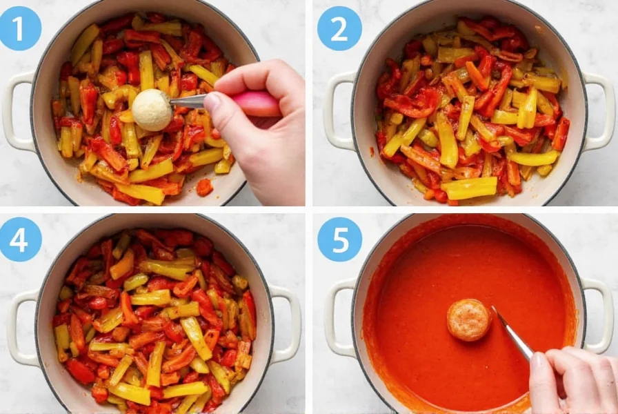 Step-by-step preparation of roasted bell pepper sauce showing peppers roasting, peeling, and blending process