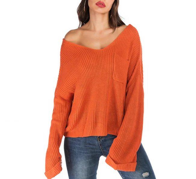 

High quality factory autumn winter puff sleeve double v neck solid color pocket sweater, As picture