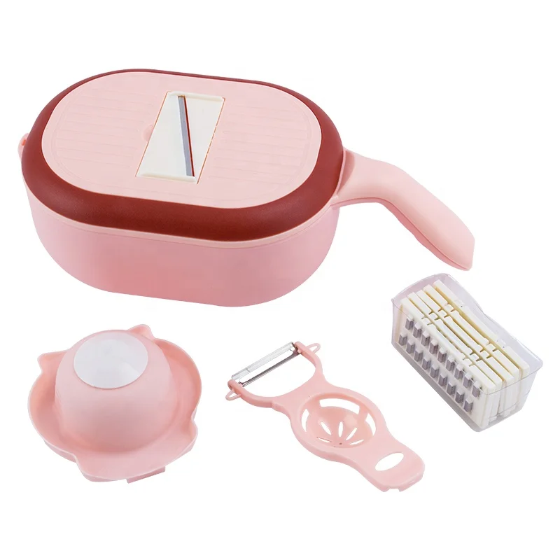 

6 in 1 Kitchen Tool Multifunctional Manual Chopper Vegetable Cutter with Drain Basket, Blue/pink