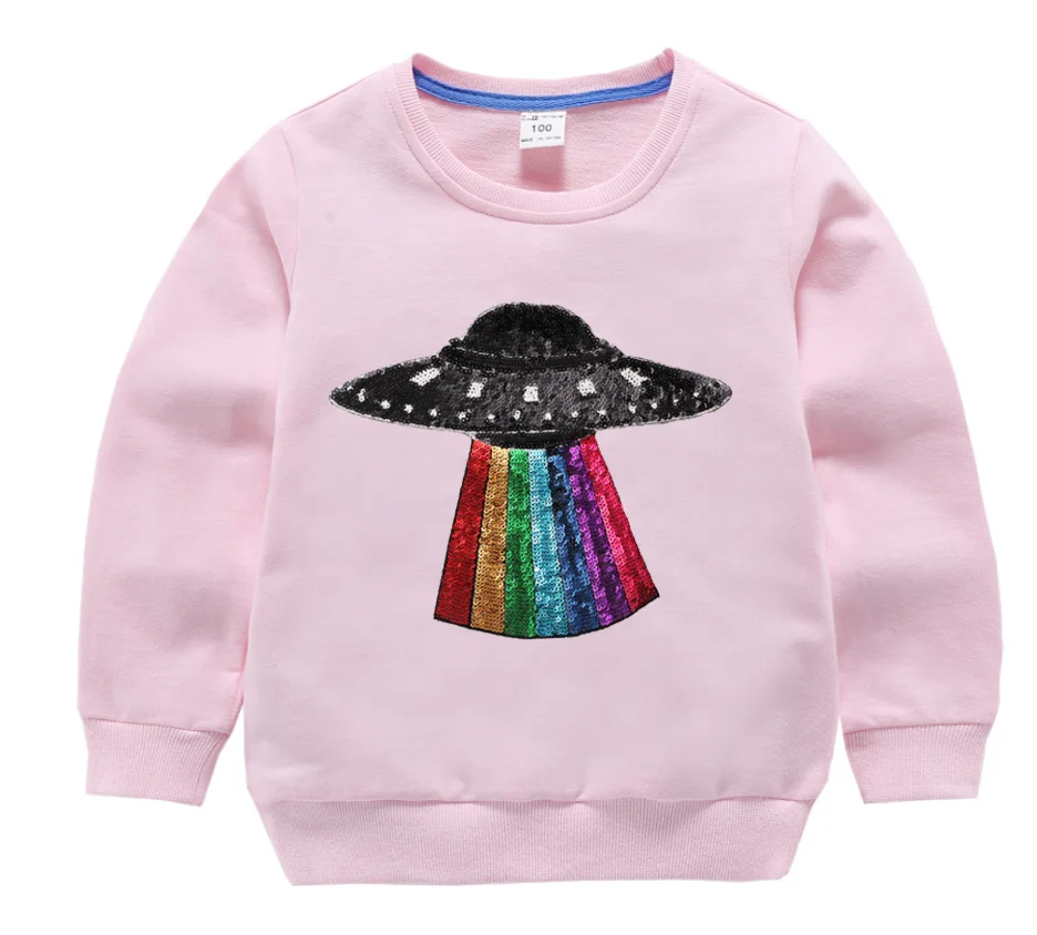 

Toddler Girls Kids Crewneck Pink Sweatshirt with Spaceship Sequin Patch
