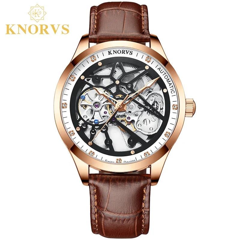 

KNORVS Switzerland custom logo stainless steel Italian Genuine Leather Tourbillon movement mechanical watches