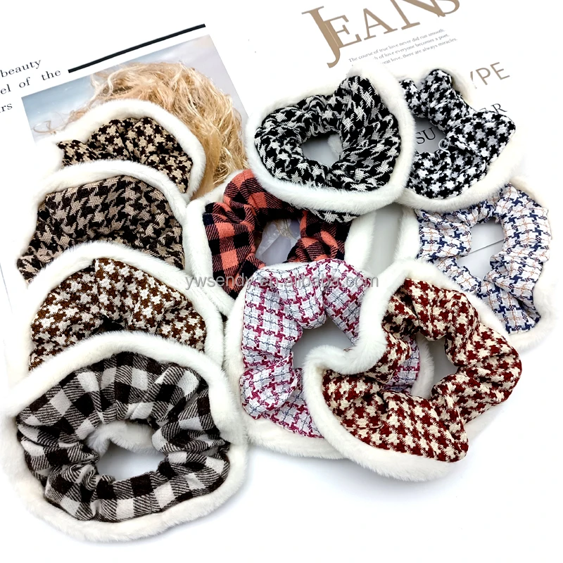 Autumn Winter New Women Thousand Bird Grid Elastic Hair scrunchies Fashion Retro Plush Edge Hairband Hair Ties