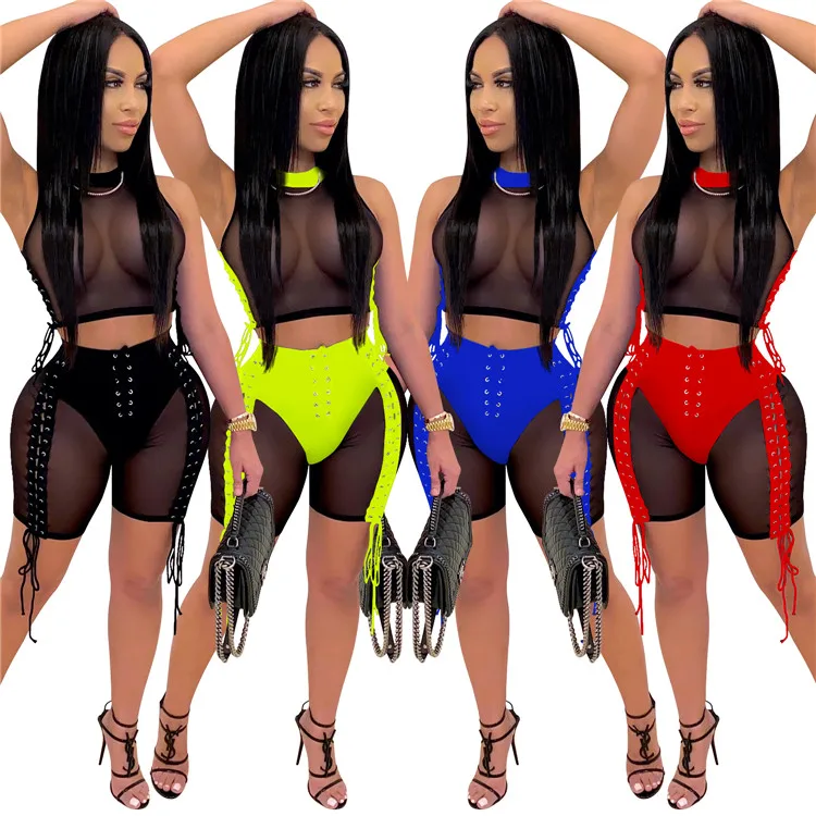 

Women Mesh See Though Sexy Tracksuit Two Piece Set Lace Up Patchwork Tops and Shorts Suit Club Party Fitness Outfits, As picture