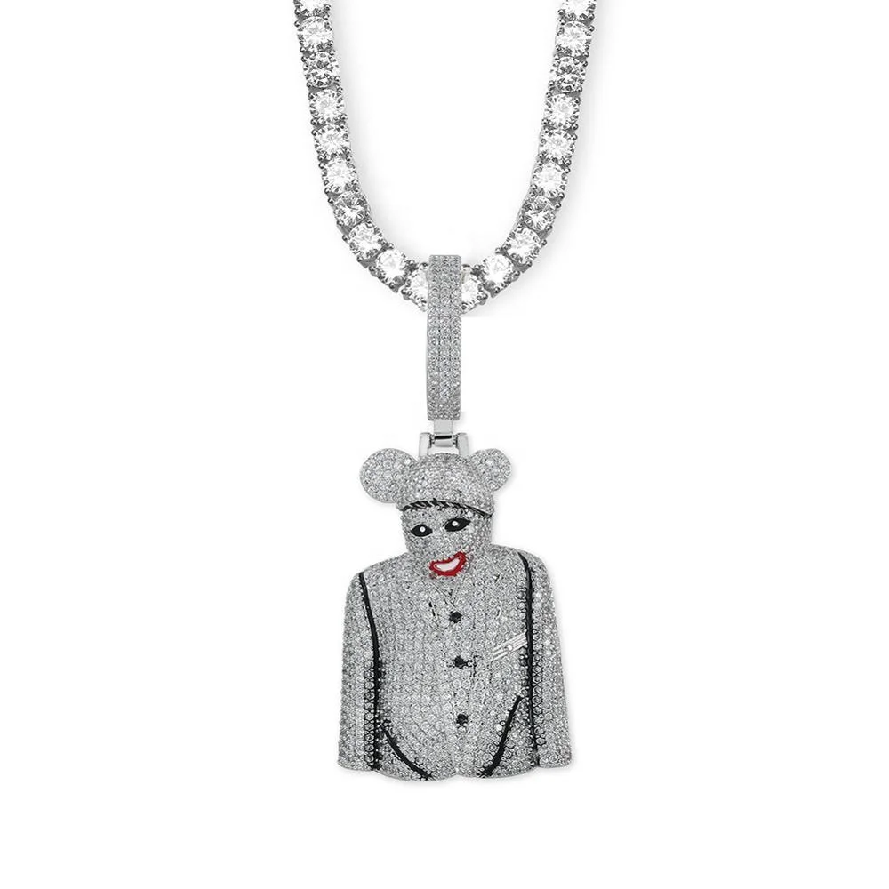 

New Fashion Iced Out 3D Clown Figure Pendant Necklace Mens With Tennis Chain Bling Hip Hop Gold Silver Color Charm Chain Jewelry, Silver,gold,black