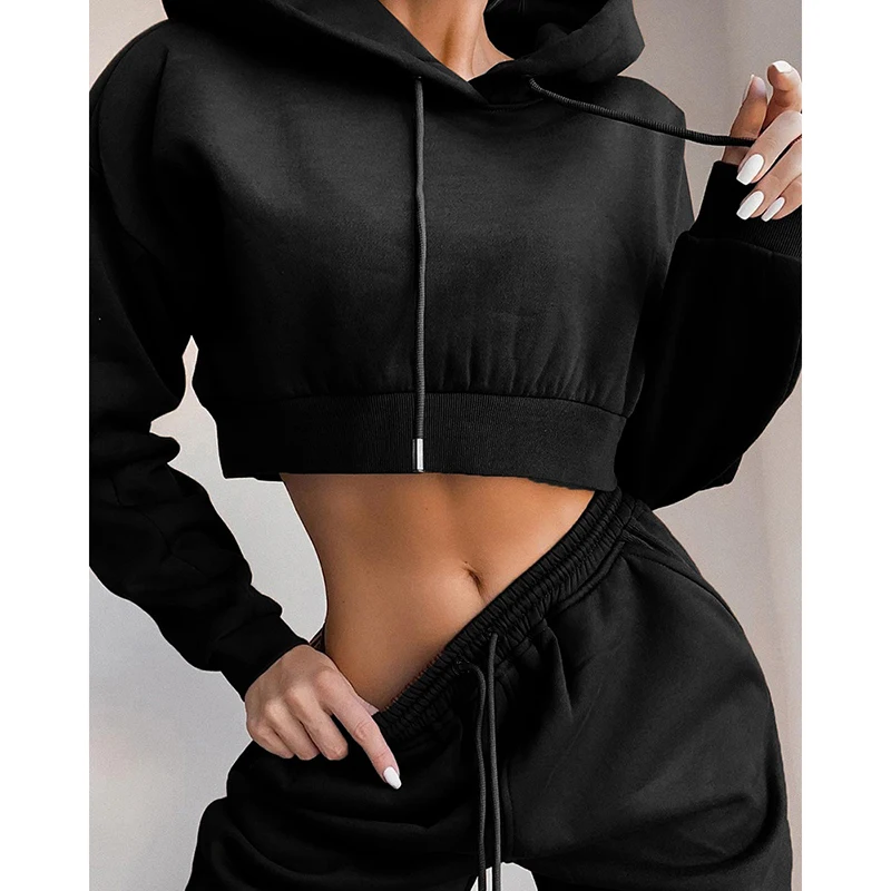 

high quality cotton hoodie sets custom embroidery logo women sweatsuit jogging suit Girl Blank Jogger Tracksuit Sets, Black, brown, gray, pink, white