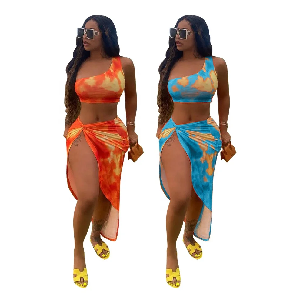 

MT373-8613 Wholesale ladies sexy one-shoulder tie-dye cape two-piece sexy swimsuit