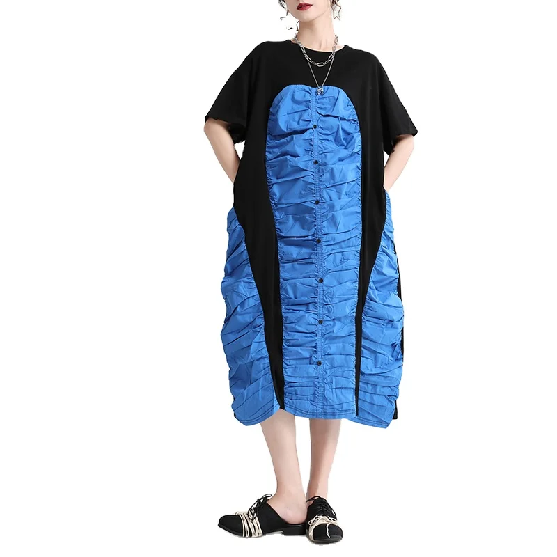 

Designr Summer long skirt female contrast color stitching heavy industry pleated dress 2021 new loose casual skirt2206, Customized colors