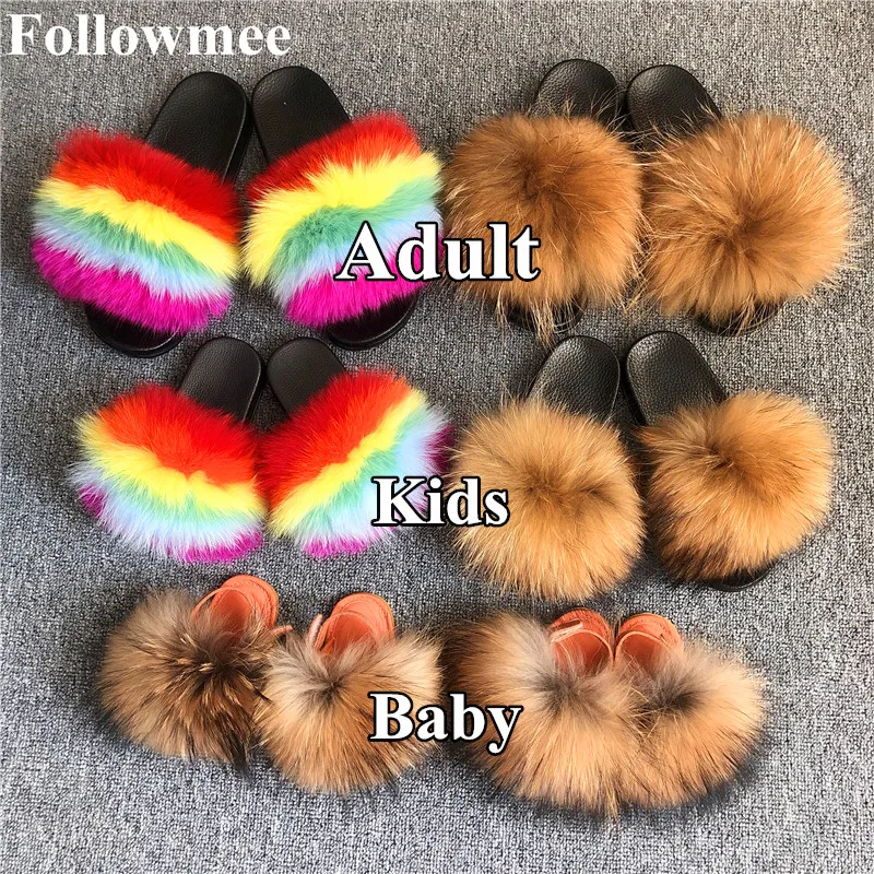

2022 Hot Selling Colorful Rainbow toddlers Fur Slides For Women And Kids Raccoon Fur Slippers Mommy And Me Fur Slides