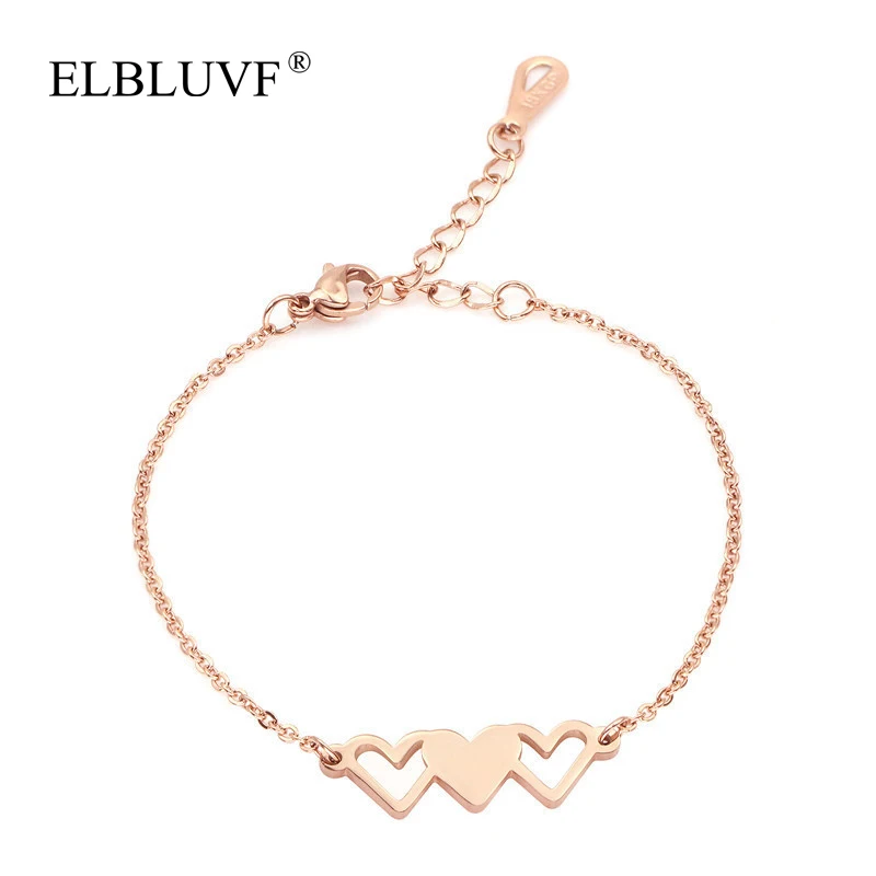 

ELBLUVF Free Shipping Trendy 316L Stainless Steel Gold Rose Gold Plated Three Heart Clasp Bracelets For Women