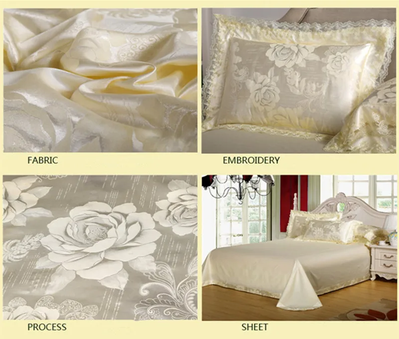 Bedding set 4pcs Wedding Jacquard satin lace duvet cover cotton bed sheet pillow 